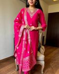 DESIGNER VISCOSE CHANDERI SILK HAND EMBROIDERY AND ZARI WEAVING WORK TOP BOTTOM WITH DUPATTA PINK