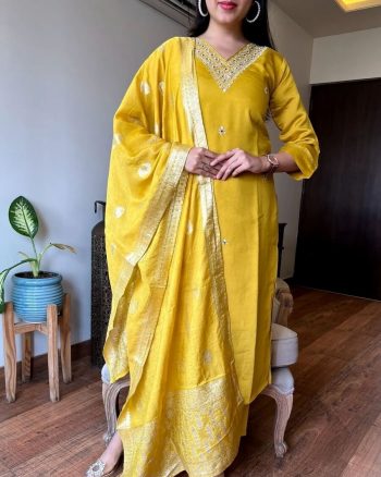DESIGNER VISCOSE CHANDERI SILK HAND EMBROIDERY AND ZARI WEAVING WORK TOP BOTTOM WITH DUPATTA YELLOW