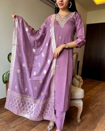 DESIGNER VISCOSE CHANDERI SILK HAND EMBROIDERY AND ZARI WEAVING WORK TOP BOTTOM WITH DUPATTA LAVENDER