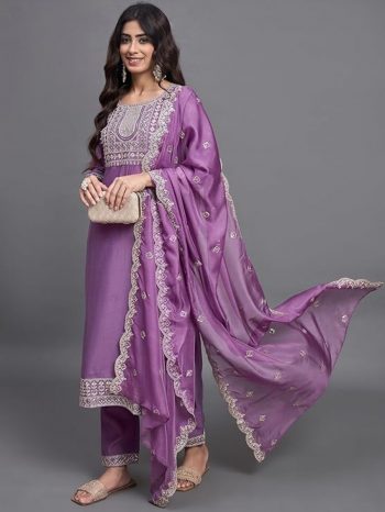 DESIGNER VISCOSE CHINON SEQUENCE CODING EMBROIDERY WORK TOP BOTTOM WITH DUPATTA  LAVENDER