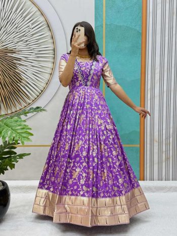 DESIGNER VISCOSE DOLA SILK EMBROIDERY LACE WORK ONLY GOWN LAVENDER