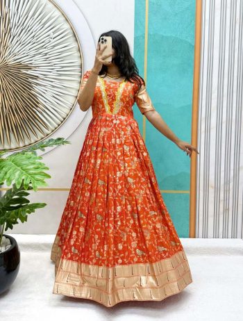 DESIGNER VISCOSE DOLA SILK EMBROIDERY LACE WORK ONLY GOWN ORANGE
