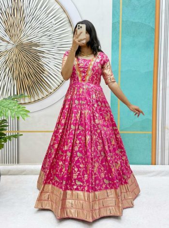 DESIGNER VISCOSE DOLA SILK EMBROIDERY LACE WORK ONLY GOWN PINK