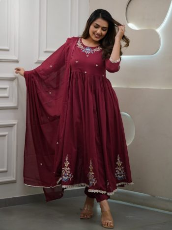 DESIGNER VISCOSE EMBROIDERY WORK TOP BOTTOM WITH DUPATTA MAROON