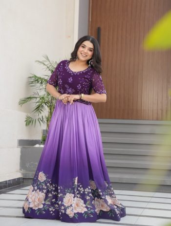 FANCY BLOOMING GEORGETTE DIGITAL PRINTED EMBROIDERY WORK ONLY GOWN LAVENDER
