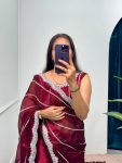 FANCY BLOOMING BURBERRY EMBROIDERY ZARI WORK SAREE WITH UNSTITCHED BLOUSE PARTY WEAR WHOLESALE PRICE ETHNIC GARMENT (2)