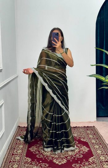 FANCY BLOOMING BURBERRY EMBROIDERY ZARI WORK SAREE WITH UNSTITCHED BLOUSE