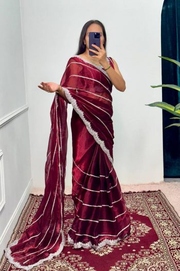 FANCY BLOOMING BURBERRY EMBROIDERY ZARI WORK SAREE WITH UNSTITCHED BLOUSE MAROON
