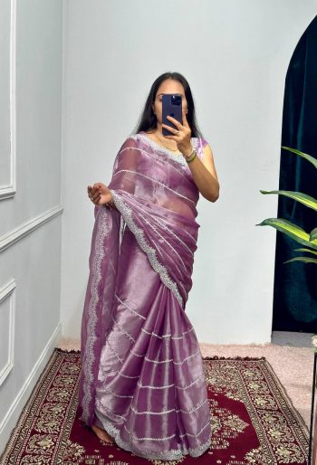 FANCY BLOOMING BURBERRY EMBROIDERY ZARI WORK SAREE WITH UNSTITCHED BLOUSE