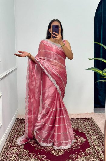 FANCY BLOOMING BURBERRY EMBROIDERY ZARI WORK SAREE WITH UNSTITCHED BLOUSE