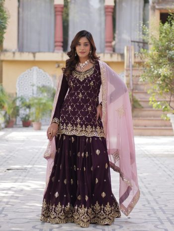 FANCY BLOOMING GEORGETTE EMBROIDERY SEQUENCE WORK TOP PALAZZO WITH DUPATTA WINE