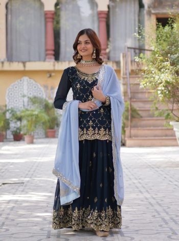 FANCY BLOOMING GEORGETTE EMBROIDERY SEQUENCE WORK TOP PALAZZO WITH DUPATTA RAMA