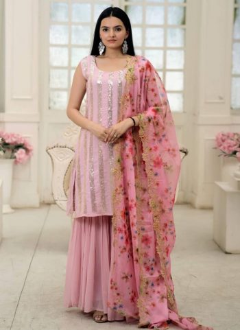 FANCY BLOOMING GEORGETTE EMBROIDERY SEQUENCE WORK TOP SHARARA WITH DUPATTA BABYPINK
