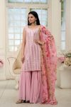 FANCY BLOOMING GEORGETTE EMBROIDERY SEQUENCE WORK TOP SHARARA WITH DUPATTA PARTY WEAR WHOLESALE PRICE ETHNIC GARMENT (3)