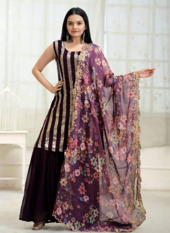 FANCY BLOOMING GEORGETTE EMBROIDERY SEQUENCE WORK TOP SHARARA WITH DUPATTA WINE