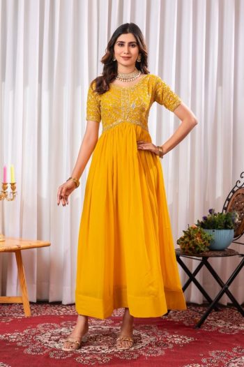 FANCY BLOOMING GEORGETTE EMBROIDERY ZARI SEQUENCE WORK ONLY GOWN YELLOW