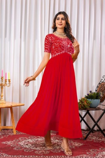 FANCY BLOOMING GEORGETTE EMBROIDERY ZARI SEQUENCE WORK ONLY GOWN RED