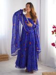 FANCY CHIFFON BANDHEJ PRINTED LACE WORK GOWN BOTTOM WITH DUPATTA BLUE