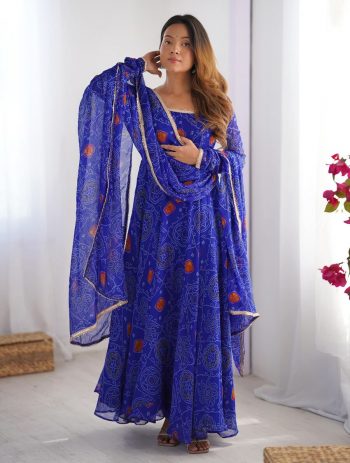 FANCY CHIFFON BANDHEJ PRINTED LACE WORK GOWN BOTTOM WITH DUPATTA BLUE