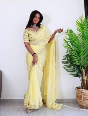 FANCY CHIFFON EMBROIDERY WITH SEQUENCE WORK SAREE WITH UNSTITCHED BLOUSE YELLOW