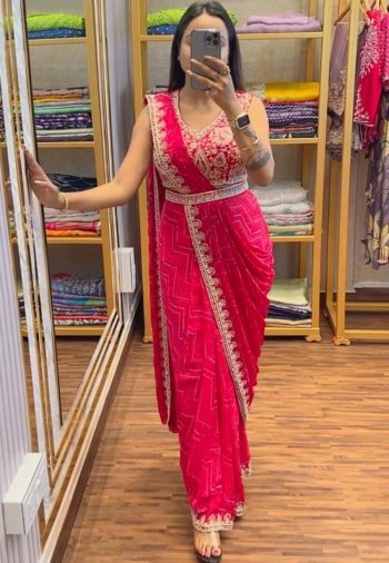 FANCY CHINON EMBROIDERY SEQUENCE WORK READY TO WEAR SAREE BLOUSE WITH BELT RANI