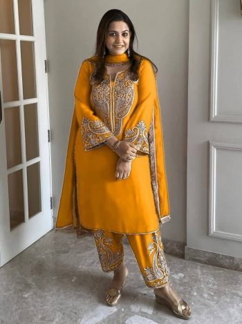 FANCY CHINON EMBROIDERY SEQUENCE WORK TOP BOTTOM WITH DUPATTA YELLOW