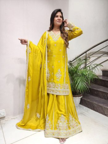 FANCY CHINON EMBROIDERY SEQUENCE WORK TOP PALAZZO WITH DUPATTA LEMON