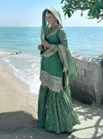 FANCY CHINON EMBROIDERY SEQUENCE WORK TOP SHARARA WITH DUPATTA SEA GREEN
