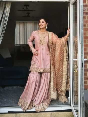 FANCY CHINON EMBROIDERY SEQUENCE ZARI WORK TOP SHARARA WITH DUPATTA PINK