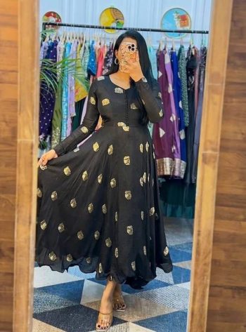 FANCY CHINON EMBROIDERY THREAD WORK GOWN WITH DUPATTA BLACK