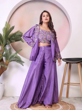 FANCY CHINON EMBROIDERY THREAD WORK STITCHED PALAZZO BLOUSE WITH KOTI LAVENDER
