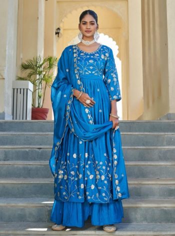 FANCY CHINON EMBROIDERY WORK TOP SHARARA WITH DUPATTA BLUE