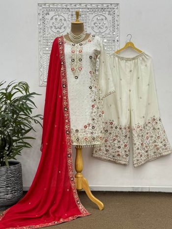 FANCY CHINON SILK EMBROIDERY SEQUENCE AND THREAD WORK WITH STONE HAND WORK TOP PALAZZO WITH DUPATTA RED