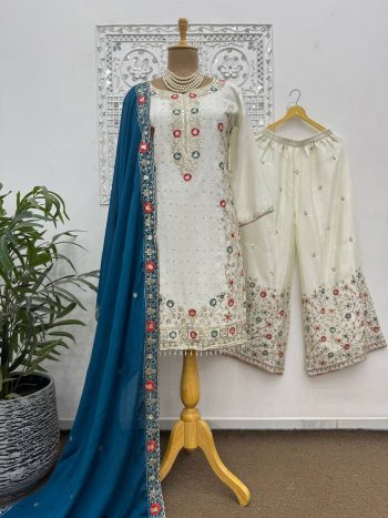 FANCY CHINON SILK EMBROIDERY SEQUENCE AND THREAD WORK WITH STONE HAND WORK TOP PALAZZO WITH DUPATTA  TEAL