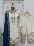 FANCY CHINON SILK EMBROIDERY SEQUENCE AND THREAD WORK WITH STONE HAND WORK TOP PALAZZO WITH DUPATTA FESTIVE WEAR WHOLESALE PRICE ETHNIC GARMENT (21)