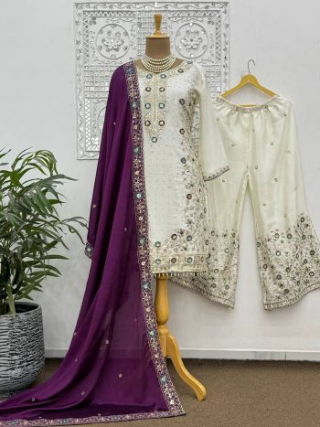 FANCY CHINON SILK EMBROIDERY SEQUENCE AND THREAD WORK WITH STONE HAND WORK TOP PALAZZO WITH DUPATTA  PURPLE