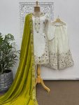 FANCY CHINON SILK EMBROIDERY SEQUENCE AND THREAD WORK WITH STONE HAND WORK TOP PALAZZO WITH DUPATTA  PARROT GREEN