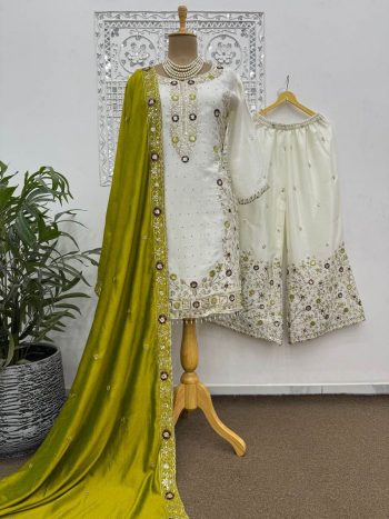 FANCY CHINON SILK EMBROIDERY SEQUENCE AND THREAD WORK WITH STONE HAND WORK TOP PALAZZO WITH DUPATTA  PARROT GREEN