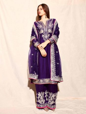 FANCY CHINON SILK EMBROIDERY SEQUENCE WORK TOP PALAZZO WITH DUPATTA PURPLE