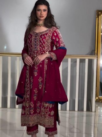 FANCY CHINON SILK SEQUENCE MULTI EMBROIDERY WORK TOP BOTTOM WITH DUPATTA  RANI