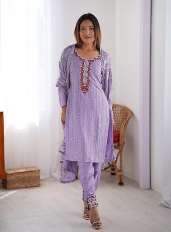 FANCY CHINON SILK THREAD SEQUENCE WORK TOP BOTTOM WITH DUPATTA LAVENDER