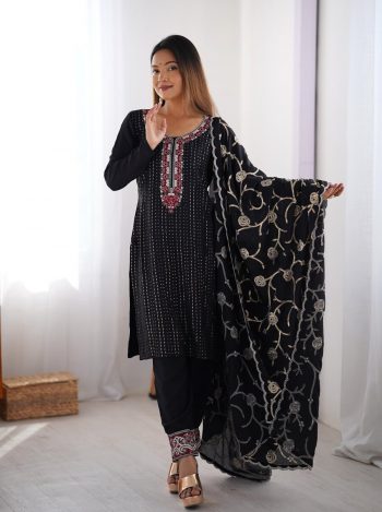 FANCY CHINON SILK THREAD SEQUENCE WORK TOP BOTTOM WITH DUPATTA BLACK