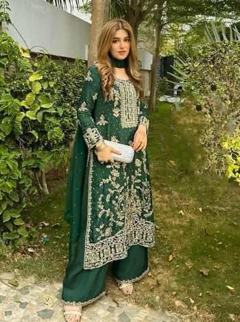 FANCY CHINON SILK ZARI AND SEQUENCE EMBROIDERY WORK WITH FANCY LACE WORK TOP PALAZZO WITH DUPATTA GREEN