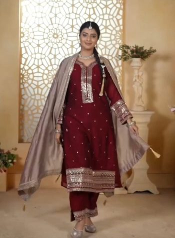 FANCY CHINON THREAD SEQUENCE EMBROIDERY WORK TOP BOTTOM WITH DUPATTA MAROON