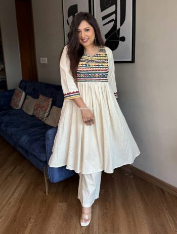 FANCY COTTON FLEX EMBROIDERY WORK TOP PENT SET WHITE