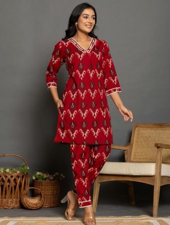 FANCY COTTON BLOCK PRINT WITH FANCY HANDWORK AND LACE BORDER WORK CO-ORD SET RED