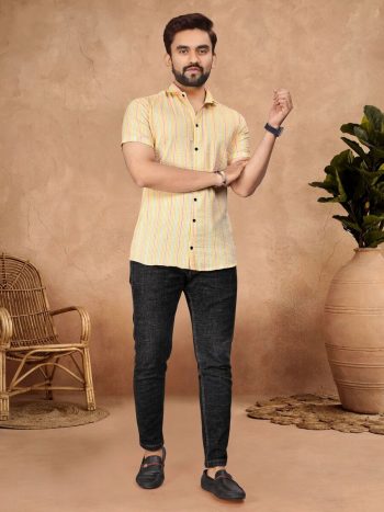 FANCY COTTON BUBBLE PATTERN WEAVING WORK READY TO WEAR MEN'S SHIRT YELLOW