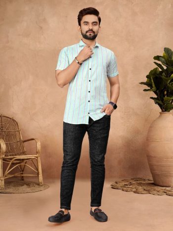 FANCY COTTON BUBBLE PATTERN WEAVING WORK READY TO WEAR MEN'S SHIRT SKY