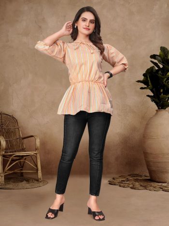 FANCY COTTON BUBBLE PATTERN WEAVING WORK READY TO WEAR TOP CREAM