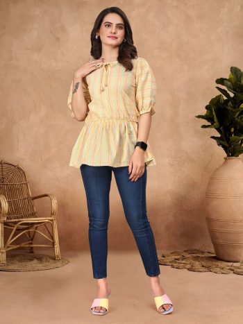 FANCY COTTON BUBBLE PATTERN WEAVING WORK READY TO WEAR TOP YELLOW